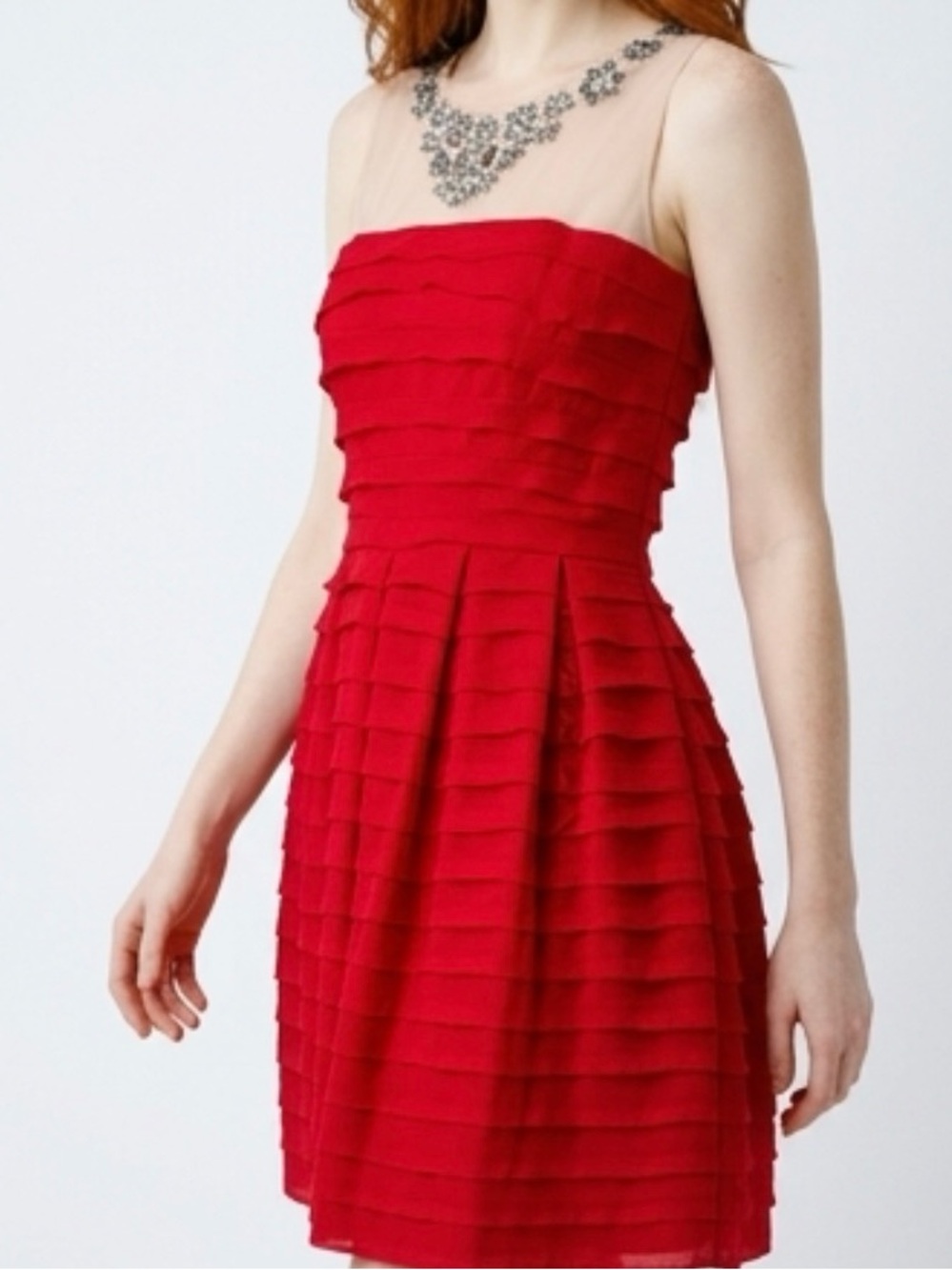 BCBG ruffle cocktail dress with beaded neckline. Ptp 20 inch